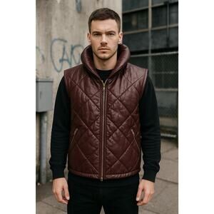 Vtg Men’s Brown Quilted Leather Puffer Vest 80s 90's Retro Streetwear Urban Lg